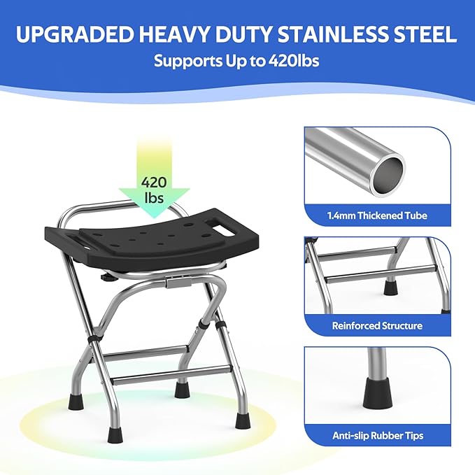 Meday Folding Shower Seat - Stainless Steel Shower Chair for Inside Shower - 420lbs Height Adjustable Foldable Shower Stool - Portable Travel Collapsible Bath Bench for Elderly