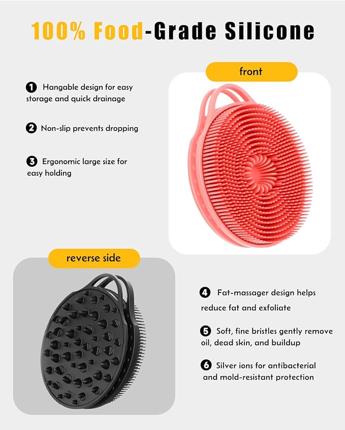 2 in 1 Silicone Body Scrubber, Anti Cellulite Massage Scrubber, Exfoliating Shower Brush for Men & Women, Removes Dead Skin, Reduces Cellulite, Improves Circulation, Non Slip (2PC, Black + Pink)