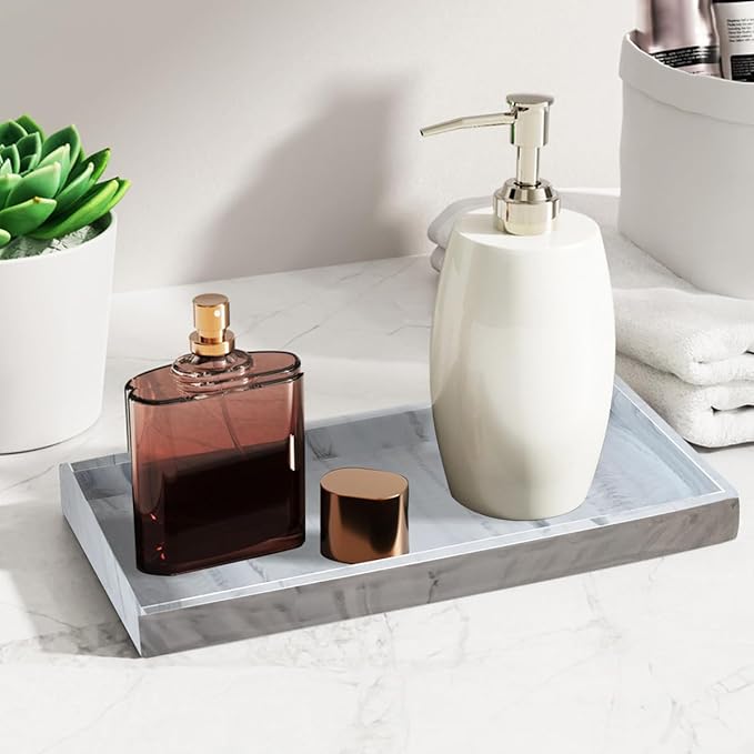 2PCS(7.87” L and 11.8” L) Silicone Soap Dispenser Tray, Kitchen soap Caddy countertop, Toilet, Tray for Scrubber, Lotion Bottles, Perfume, Jewelry, Candle, Key Trinket Ring-White Marble