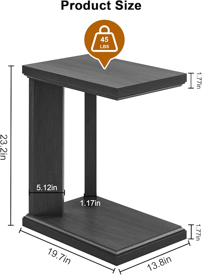 C Shaped End Table for Couch, 23.2'' High Small Side Table 2-Tier C Shaped Sofa Table for Small Narrow Spaces, Modern Nightstand for Bedroom, Living Room, Apartment, Home Office, Dark Grey