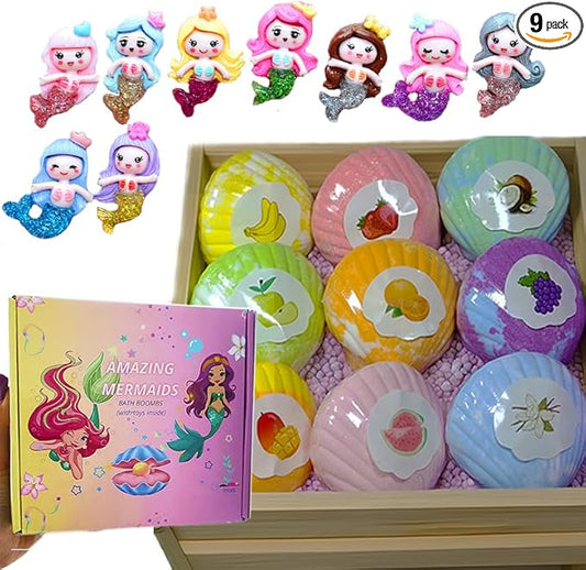 Handmade Bath Bomb Gift Set with Toys Inside, 9 Pack Organic Bath Bombs for Kids, Birthday Gift for Girls, Bubble Bath Fizzy with Natural Shea and Coconut Butter, Little Mermaid Toys