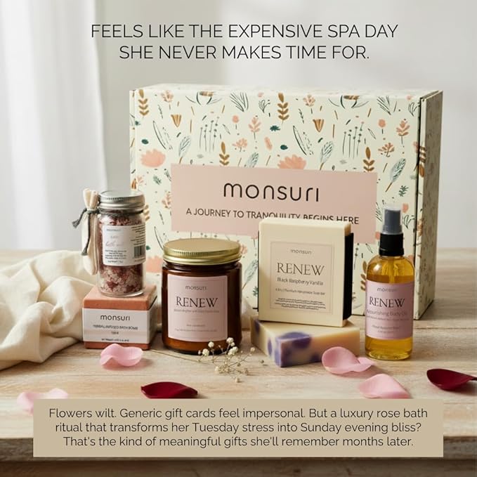 Anniversary Gifts for Women | Romantic Home Spa Kit for Women with Rose Candle, Bath Bomb, Bath Salts, Soap & Body Oil. Birthday Gifts for Wife, Girlfriend Gifts, Long Distance Relationship Gifts.