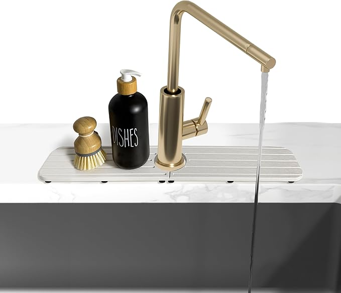 17inch x 4inch Kitchen Sink Faucet Mat, Water Absorbing Stone Faucet Splash Guard for Bathroom Counter, Quick Drying Diatomite Tray for Kitchen Sink, Light Gray