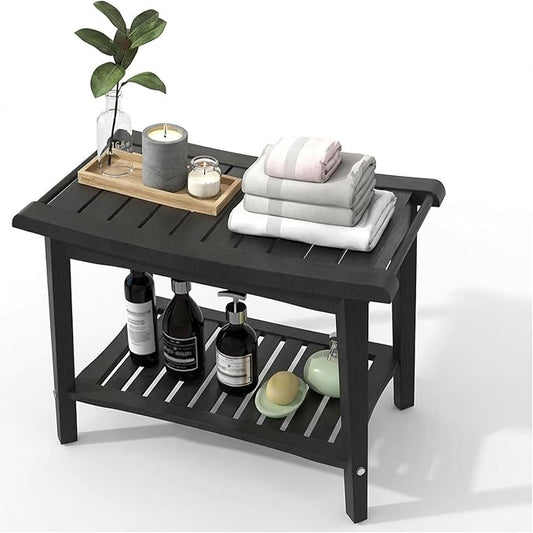 Bamboo Shower Bench with Storage Shelf, Waterproof Bath Stool for Bathroom, Spa Chair for Sitting, Shaving Legs, Elderly & Senior Safe, Heavy-Duty Bath Bench Chair, 23", 300 lbs Capacity (Black)