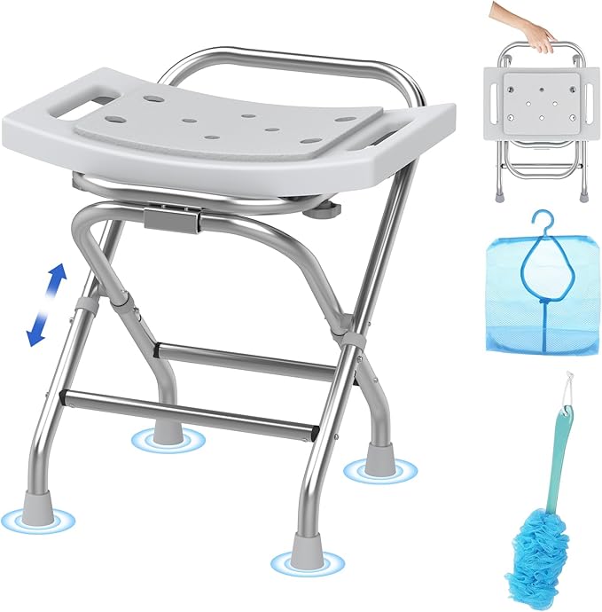 Folding Shower Seat - Stainless Steel Shower Chair for Inside Shower - 420lbs Height Adjustable Foldable Shower Stool - Portable Travel Collapsible Bath Bench for Elderly, Handicap & Disabled (Gray)