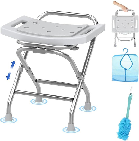 Folding Shower Seat - Stainless Steel Shower Chair for Inside Shower - 420lbs Height Adjustable Foldable Shower Stool - Portable Travel Collapsible Bath Bench for Elderly, Handicap & Disabled (Gray)