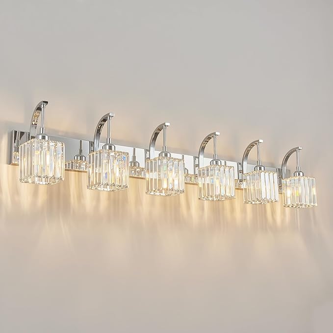 Crystal Vanity Lights 6-Light Chrome Bathroom Vanity Lights Modern Crystal Bathroom Light Fixtures Over Mirror 51.18" Long Vanity Light for Bathroom