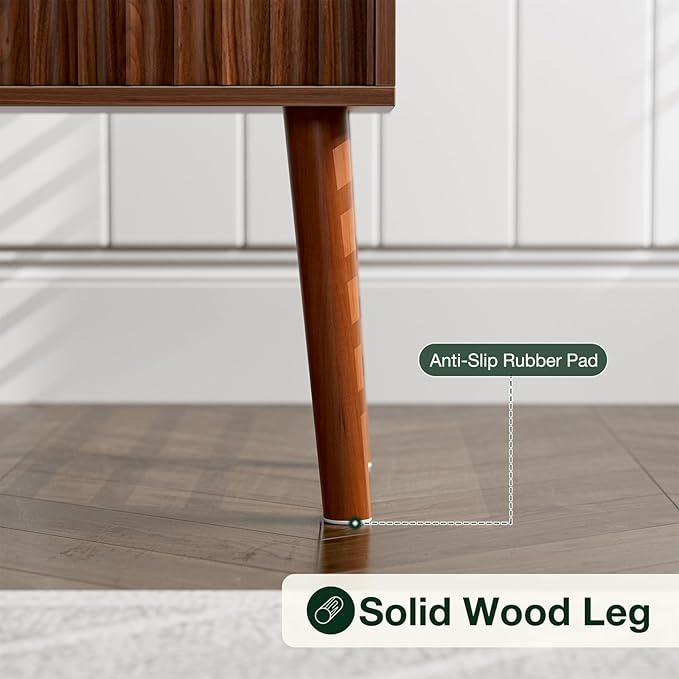 Side Table with Charging Station, Modern End Table with Fluted Drawer, Bedside Table, Night Stand with 2 Tiers Storage Space, for Bedroom, Living Room, Walnut