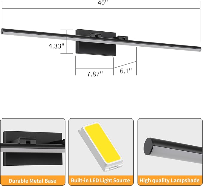 40 Inch LED Bathroom Vanity Light (Cool White 6000K), Black Modern Bathroom Light Fixture Over Mirror, Vanity Light Bar with Angle Adjustable