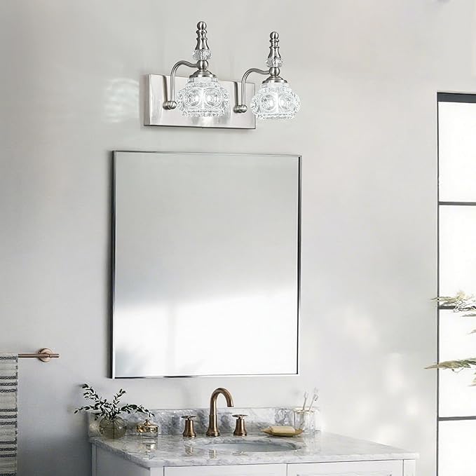Modern Glass Crystal Vanity Light - Vintage Bathroom Lighting Fixtures Over Mirror, 2 Light Vanity Lights G9 Bulb (11.81 Inch, Nickel)