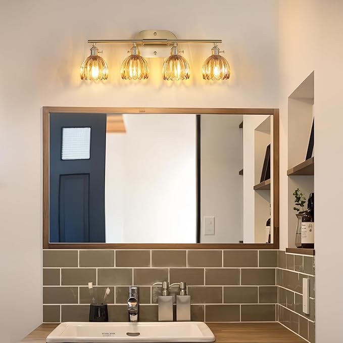 Bathroom Light Fixtures, 4-Light Brass Vanity Wall Light Over Mirror with Amber Tulip Glass Shade for Bedroom Living Room (Bulb Not Included)