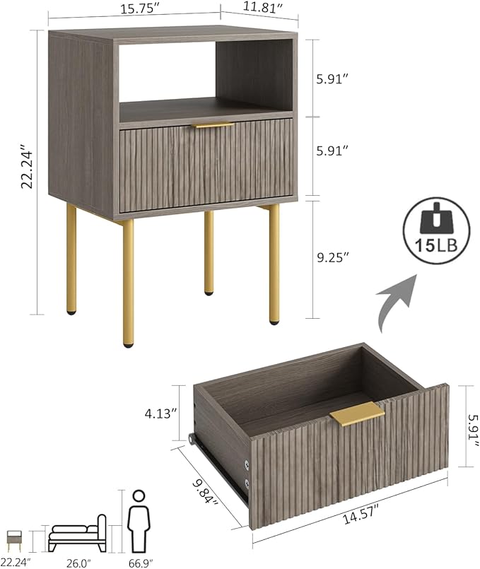 Masupu Night Stand,Mid-Century Modern Bedside Table with Storage Drawer and Open Wood Shelf,Small Gold Frame Side Table for Bedroom,Living Room, Grey