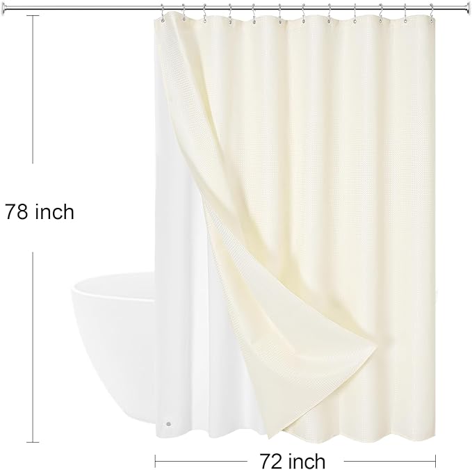 3 in 1 Long Cream Shower Curtain Set-72 W x 78 H, Ivory Waffle and PEVA Liner Set with 12 Stainless Steel Hooks, Waterproof Fabric for Bathroom