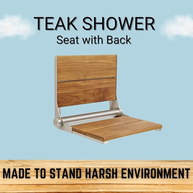 Teak Shower Seat - Contour Wood / Folding Wall Mount Bench for Inside Shower / ADA Safety Assist / 304 Stainless Steel / Brushed Finish / 26" x 16"