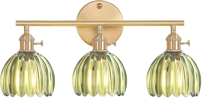Bathroom Light Fixtures, 3-Light Brass Vanity Wall Light Over Mirror with Green Tulip Glass Shade for Bedroom Living Room (Bulb Not Included)