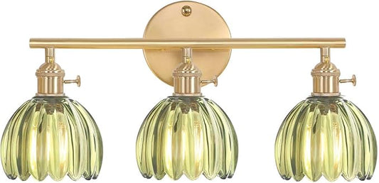 Bathroom Light Fixtures, 3-Light Brass Vanity Wall Light Over Mirror with Green Tulip Glass Shade for Bedroom Living Room (Bulb Not Included)