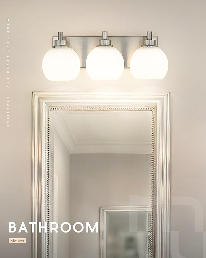 Bathroom Light Fixtures, 3-Light Brushed Nickel Vanity Light, Modern Wall Sconces with Milk White Globe Glass Shade, Vanity Lighting Fixtures Over Mirror, VL195-BN-ML-3