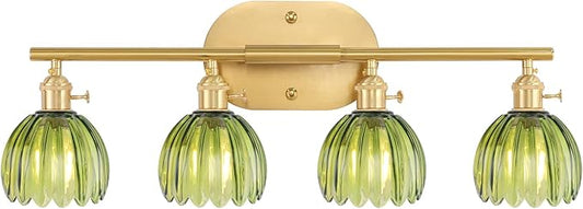 Bathroom Light Fixtures, 4-Light Brass Vanity Wall Light Over Mirror with Green Tulip Glass Shade for Bedroom Living Room (Bulb Not Included)