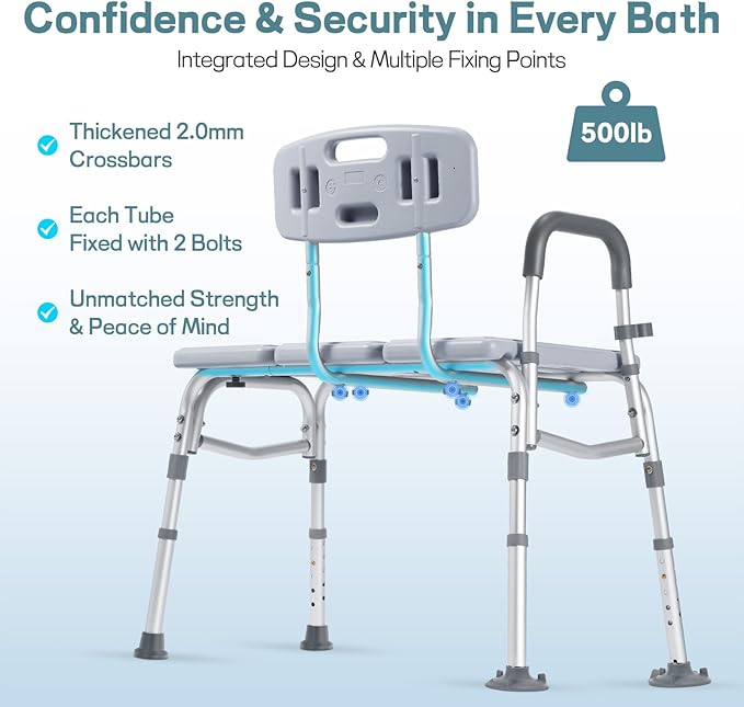 Tub Transfer Bench for Bathtub, 500lb Heavy Duty Shower Chair with Reversible Backrest & Padded Handle, Non-Slip Height Adjustable Bath Seat for Elderly & Disabled, Tool-Free Assembly