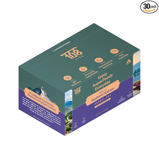 108 LIFE Natural Kashmiri Kahwa Herbal Tea | Rich in Antioxidants | 100% Natural | With Plant-Based Biodegradable Pyramid Tea Bags | 30 Tea Bags Pack