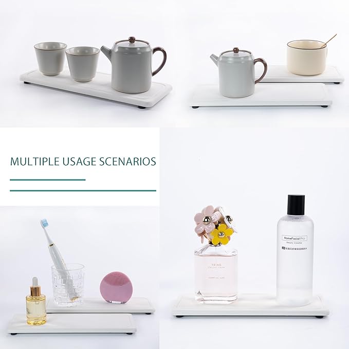 2 Pcs Water Absorbing Stone Trays, Kitchen/Bathroom Sink Soap Dish, Diatomite Tray Used for Hand Soap & Cosmetic Bottles in The Modern Home, 4" W x 10.2" L, White