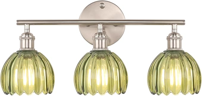 Bathroom Light Fixtures, 3-Light Vanity Wall Light Over Mirror with Green Tulip Glass Shade for Bedroom Living Room (Bulb Not Included), Satin Nickel