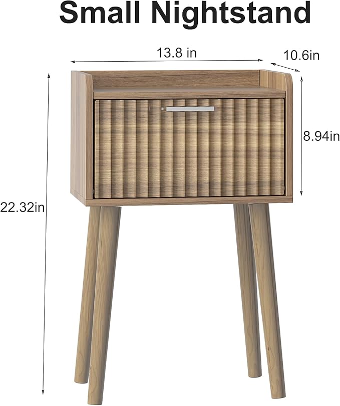 LAATOOREE Small Nightstand Set of 2, Side End Table with Fluted Door, Bedside Table with Solid Wood Legs, Mid-Century, for Bedroom, Small Beds