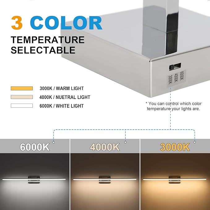 40 Inch LED Bathroom Vanity Light (3000K/4000K/6000K, Dimmable), Chrome Modern Bathroom Light Fixture Over Mirror, Vanity Light Bar with Angle Adjustable