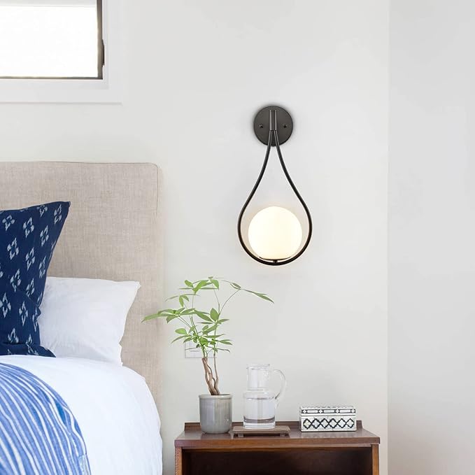 HOLKIRT Black Wall Sconces Set of Two Mid Century Modern Wall Light Fixtures for Bedroom Living Room Bathroom with White Opal Hand Blown Globe Glass