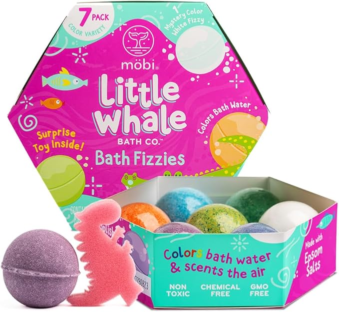 Mobi Little Whale Bath Bombs for Kids 7-Pack, Bath Bombs with Toys Inside, Tropical Fruity Scents, Skin-Friendly & Non-GMO, Fun Color Fizzies for Toddlers