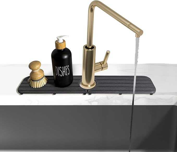17inch x 4inch Kitchen Sink Faucet Mat, Water Absorbing Stone Faucet Splash Guard for Bathroom Counter, Quick Drying Diatomite Tray for Kitchen Sink, Dark Gray