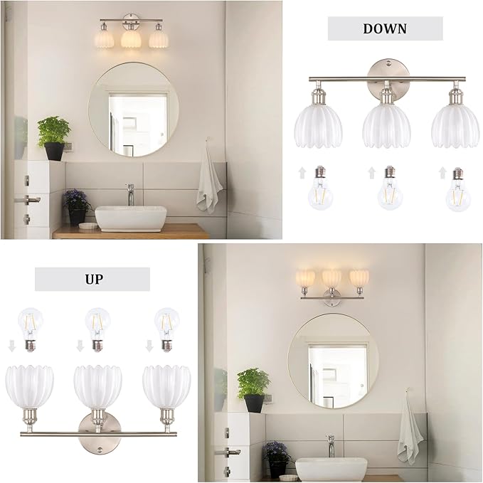 Bathroom Light Fixtures, 3-Light Vanity Wall Light Over Mirror with White Tulip Glass Shade for Bedroom Living Room (Bulb Not Included), Satin Nickel