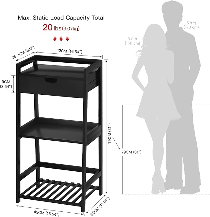 3 Tier Bamboo Bathroom Shelves with Drawer, Ladder Shelf for Bathroom Storage, Space-Saving Design, Stylish Display Nightstand, Stylish Storage Solution for Home, Living Room, Kitchen, Office