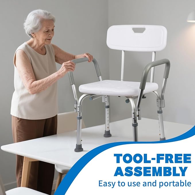 Shower Chair with Back and Padded Arms, Adjustable Height Shower and Bath Bench, Heavy Duty Bath Stool with Nonslip Feet, Tub Chair for Elderly with 350 lb Capacity
