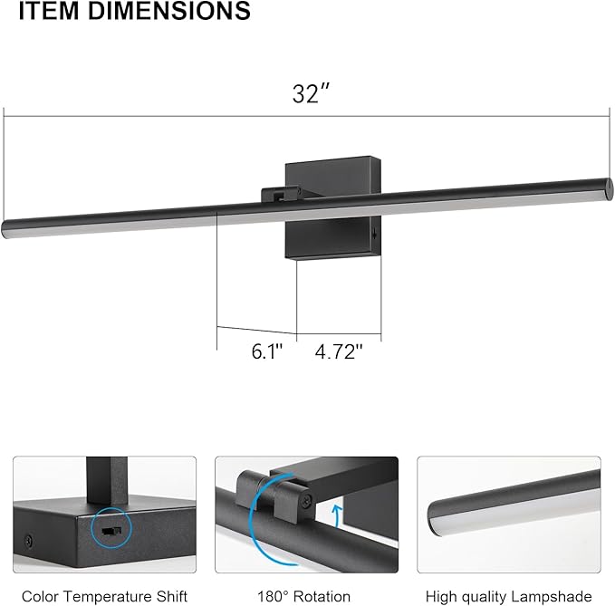 32 Inch LED Bathroom Vanity Light (3000K/4000K/6000K, Dimmable), Black Modern Bathroom Light Fixture Over Mirror, Vanity Light Bar for Bathroom with Angle Adjustable