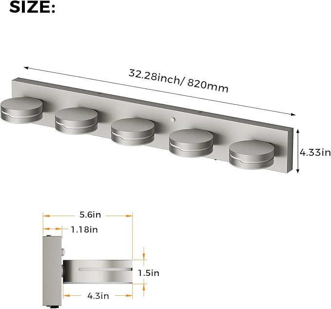 32In Motion Sensor Vanity Light Brushed Nickel, 3CCT 5-Light Modern LED Bathroom Lighting Fixtures Over Mirror, Rotatable Head, Dimmable 3000K-6000K Wall Sconce, Anti-Rust Silver