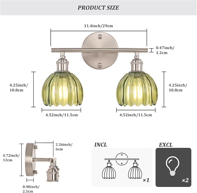 Bathroom Light Fixtures, 2-Light Vanity Wall Light Over Mirror with Green Tulip Glass Shade for Bedroom Living Room (Bulb Not Included), Satin Nickel