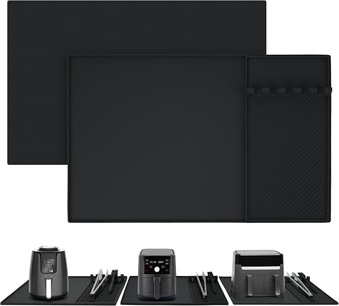 24x16 Inch Silicone Mat for Kitchen Counter, Kitchen Essentials and Gadgets - Silicone Air Fryer and Coffee Mat Set - Heat Resistant Mat for AirFryer, Microwave, Oven, Coffee Machine (Black)