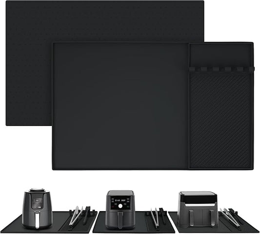 24x16 Inch Silicone Mat for Kitchen Counter, Kitchen Essentials and Gadgets - Silicone Air Fryer and Coffee Mat Set - Heat Resistant Mat for AirFryer, Microwave, Oven, Coffee Machine (Black)