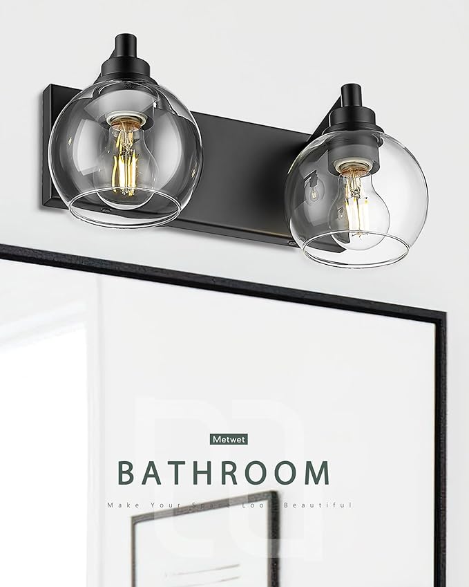 Bathroom Light Fixtures, 2 Light Matte Black Vanity Light, Modern Wall Sconces with Clear Glass Globe Shade, Bathroom Wall Lights Over Mirror Kitchen Bedroom Hallway, VL195-MB-2