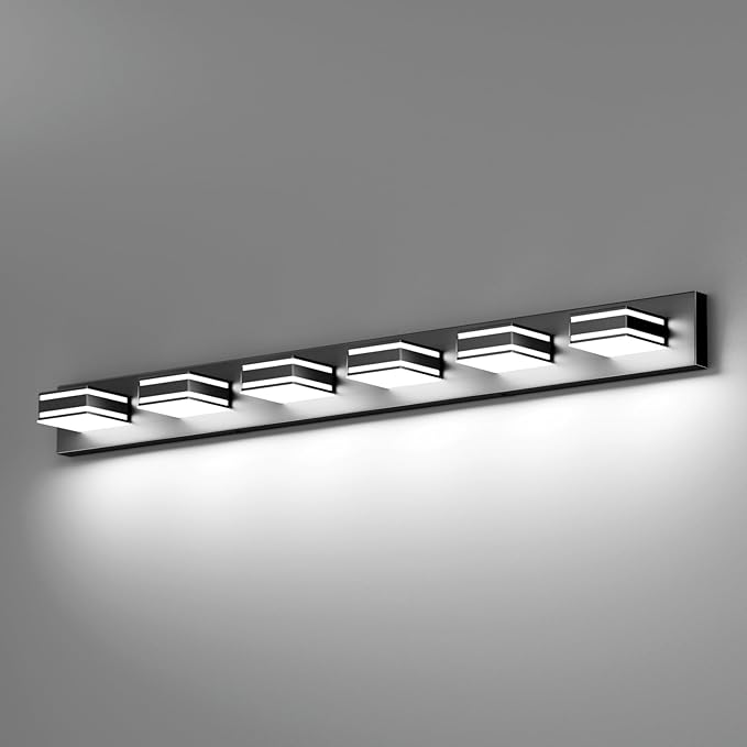Ralbay 48inch Modern LED Vanity Light for Bathroom 6-Light Acrylic Modern LED Matte Black Bathroom Wall Vanity Lighting Fixtures Over Mirror