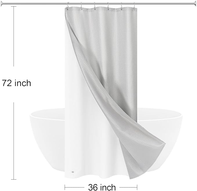 3 in 1 Stall Half Size Light Grey Shower Curtain Set-36 W x 72 H, Modern Waffle Waterproof Fabric and PEVA Liner Set with Stainless Steel Hooks