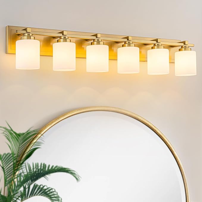 6 Light Modern Bathroom Light Fixtures Over Mirror, Brass Finish Vanity Lights for Bathroom Wall Sconces with Milky White Glass Shades, E26 Socket (Bulbs Not Included)
