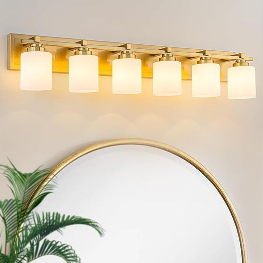 6 Light Modern Bathroom Light Fixtures Over Mirror, Brass Finish Vanity Lights for Bathroom Wall Sconces with Milky White Glass Shades, E26 Socket (Bulbs Not Included)