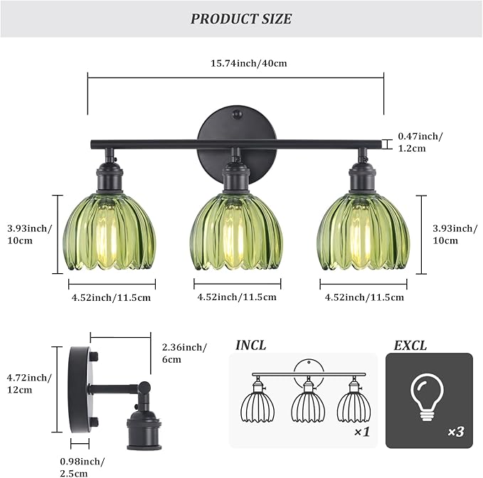 Bathroom Light Fixtures, 3-Light Black Vanity Wall Light Over Mirror with Green Tulip Glass Shade for Bedroom Living Room (Bulb Not Included)