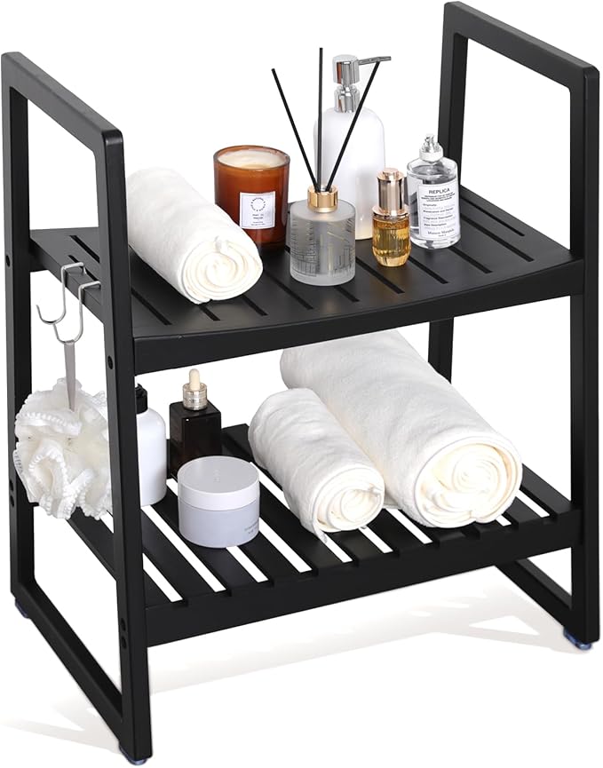 VVW 21.6 Inch Bamboo Shower Bench Seat Chair Stool with Arms for Inside Shower, Heavy Duty Spa Bath Chair with 2 Movable Hooks, Non-Slip Feet for Bathroom Accessories (Black)