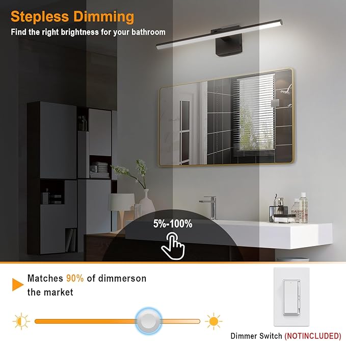 24 Inch LED Bathroom Vanity Light (3000K/4000K/6000K, Dimmable), Black Modern Bathroom Light Fixture Over Mirror, Vanity Light Bar for Bathroom with Angle Adjustable