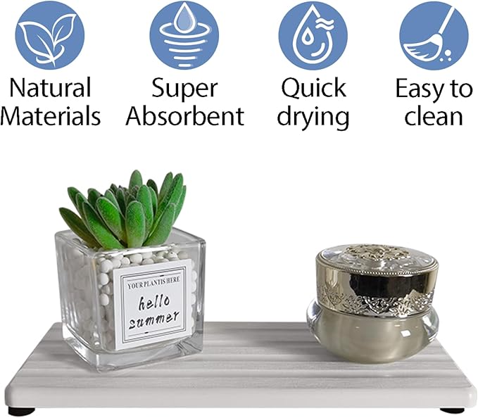 2 PCS Water Absorbing Stone Trays for Bathroom Sink & Kitchen Counter, Fast-Drying Diatomite Sink Caddy, Vanity Tray, Hand Soap Holder with Anti-Skid Feet (White, 7.9" x 4"/20 x 10cm)