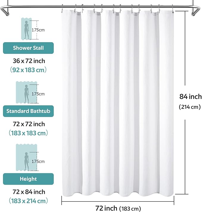 3 in 1 Shower Curtain Set, Waffle Shower Curtain and Liner Set with 12 Double Sided Shower Curtain Hooks, 258GSM Luxury Weighted Cloth Shower Curtains for Bathroom, 72 W x 84 H, White