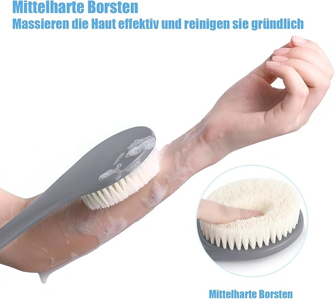 17-Inch Back Scrubber for Shower, Anti-Slip Exfoliating Body Brush for Bath, Gentle Back Brush for Shower for Men, and Women, Cleaning Skin for Smooth, Glowing Skin (Grey)